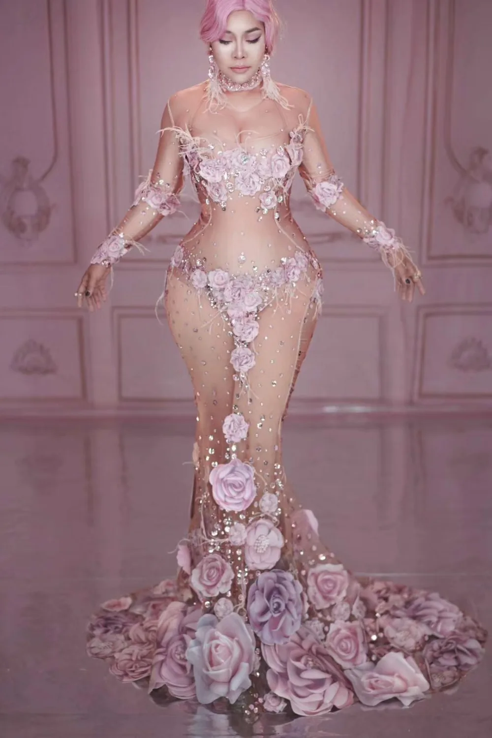 Женский костюм для выступления певца модные розовые цветы прозрачные длинные платья дизайн сетка стрейч вечерние платье сценический костюм DJ507
