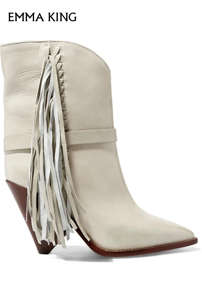 

New White Fringe Booties Women Trendy Ankle Boots Pointed Spike High Heels Fashion Botas Mujer 2019 Shoes Woman Heels Ladies