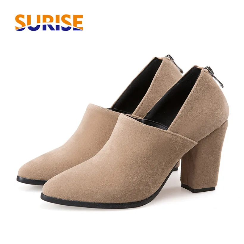 

Plus Size 32-45 Casual Women Pumps 9cm High Square Block Heels Pointed Toe Grey Flock Office Ladies Spring Autumn Zipper Pumps