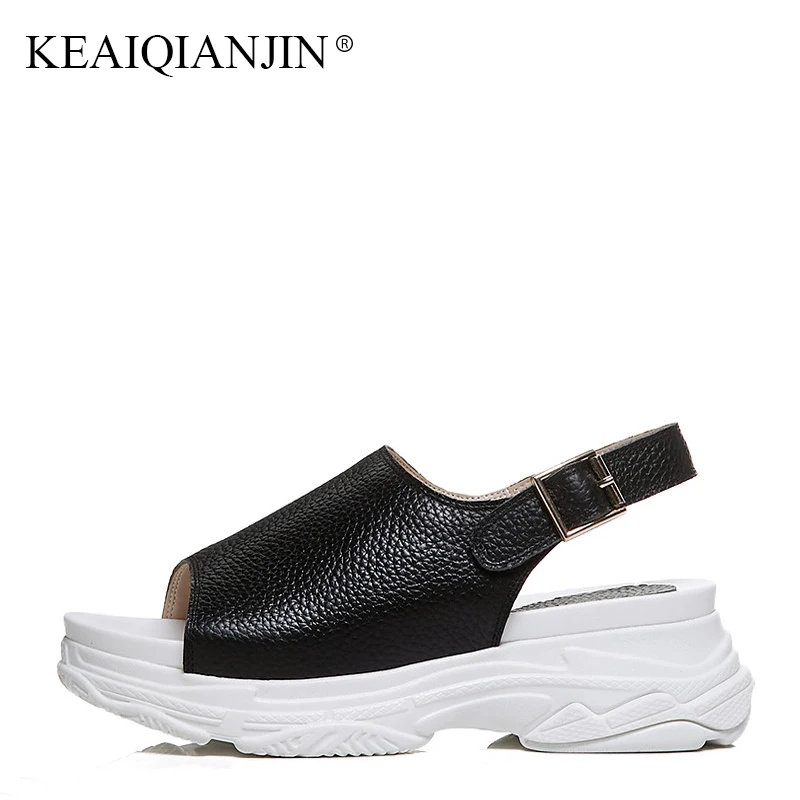 

KEAIQIANJIN Woman Summer White Platform Sandals Fashion Black High Heels Shoes Genuine Leather Open Toe Flat With Sandals 2018