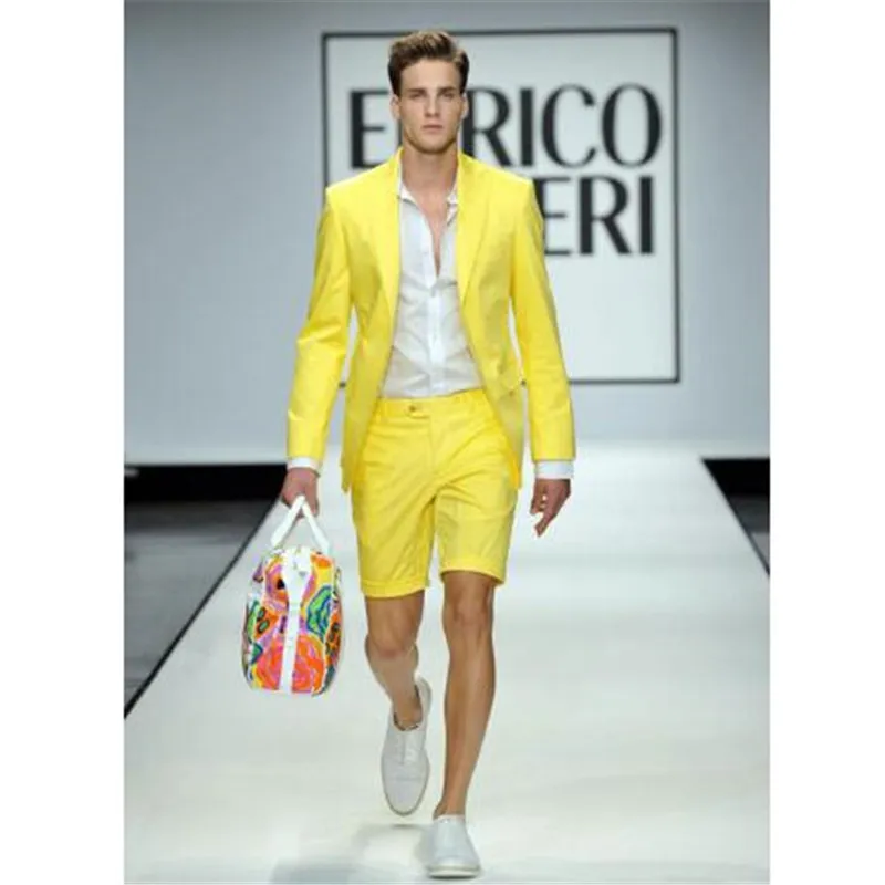 

Summer Style Yellow Men Suits With Short Pants 2 Piece(Jacket+Pant+Tie) Wedding Prom Casual Style Slim Groom Tuxedos Blazer 575