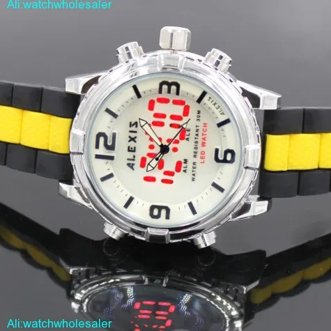 AW801D Water Resist Silicone Black Band Boy Girl Dual Time Alexis Anadigit Watch