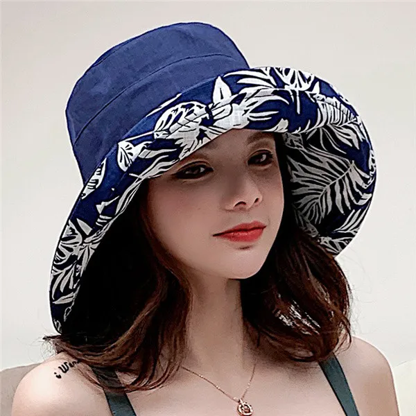 Летняя двухсторонняя Хлопковая женская шляпа от солнца с цветочным принтом, женская складная шляпа с большими широкими полями, пляжная шляпа с защитой от уф - Цвет: Синий