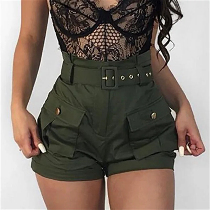 

Casual Women A-line Short Pants New 2019 High Waistband Summer Green Shorts Pants Stylish Ladies Loose Beach Belt Short Trousers