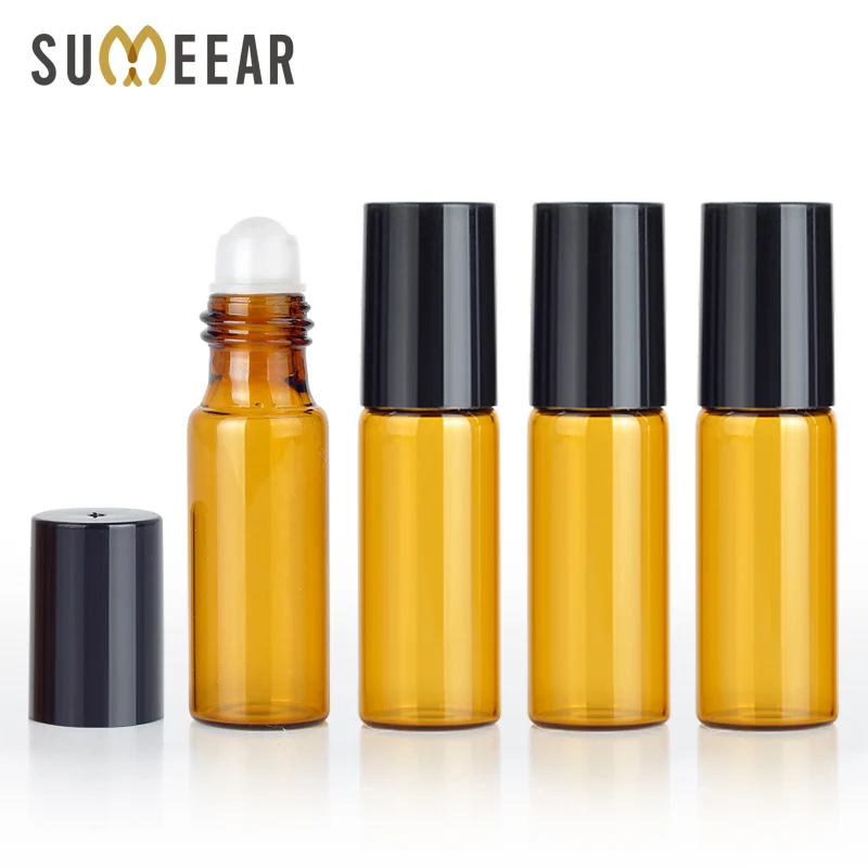 

100pcs/lot 5ml Mini Portable Amber Essential Oil Bottle Empty Perfume Roll on Bottle Metal Ball Roller Brown Essential Oil Vials