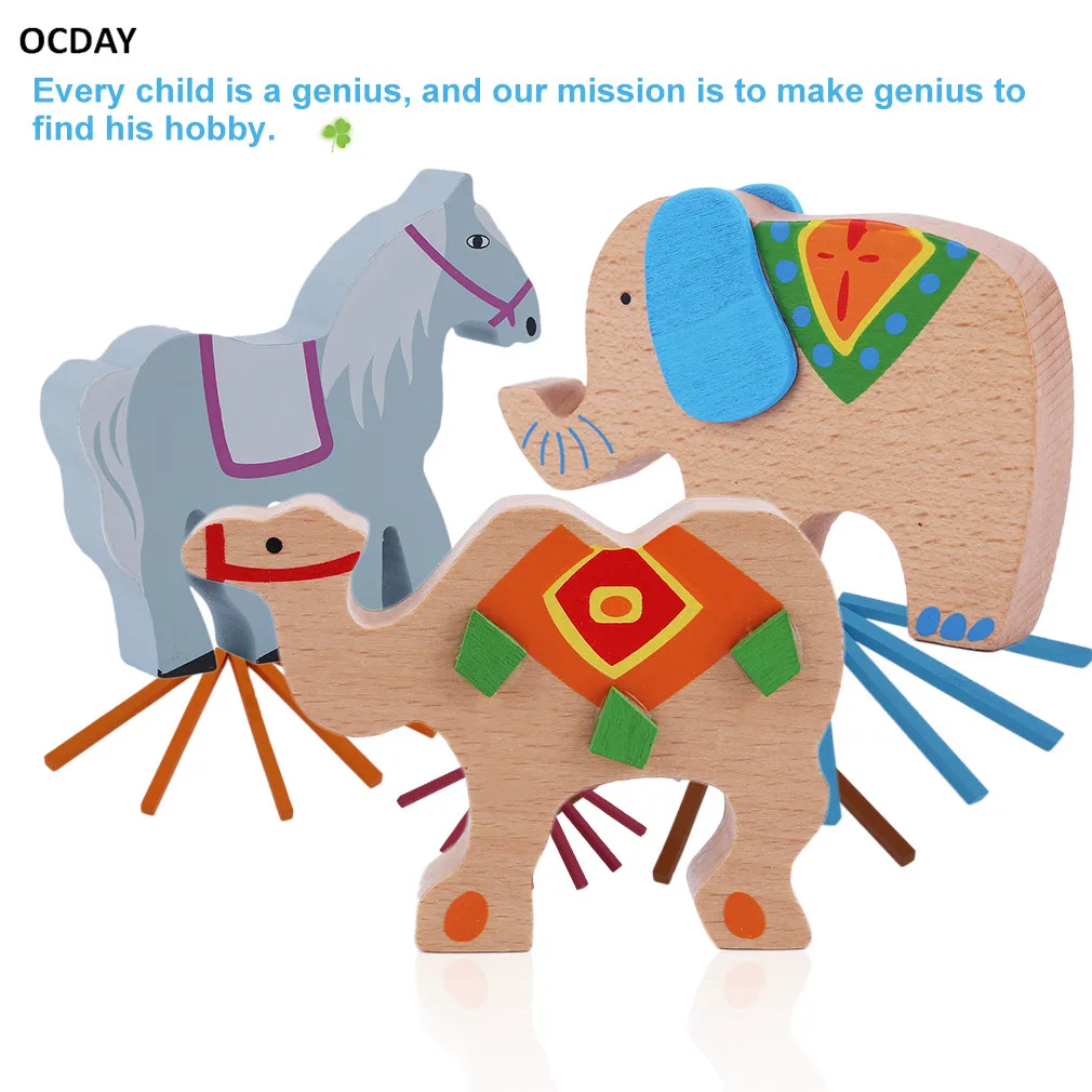 

OCDAY Puzzle Game Toys Horse Camel Elephant Creative Colored Rod Parent-Child Wooden Balance Parents Balance Puzzle Game Toys