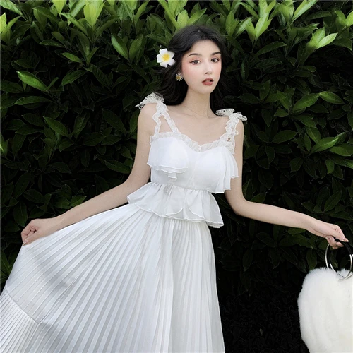 

Sweet V-neck Sleeveless Sling Tops Ankle-length Pleated Skirts Solid Women Skirt Set Fairy 2 Piece Set Women Fashion