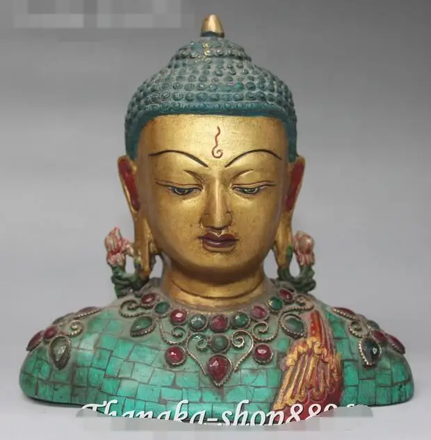 

Tibet Turquoise Bronze Inlay Gem Shakyamuni Sakyamuni Buddha Head Bust Statue
