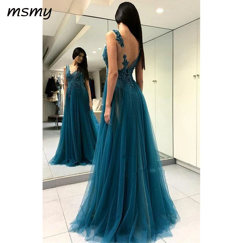 Sexy V-Neck Side Slit Beaded Prom Dress 2019 Custom Made Tulle Beadings Evening Party Dress Fashion Long School Dance Dress Pageant Dresses for Girls -