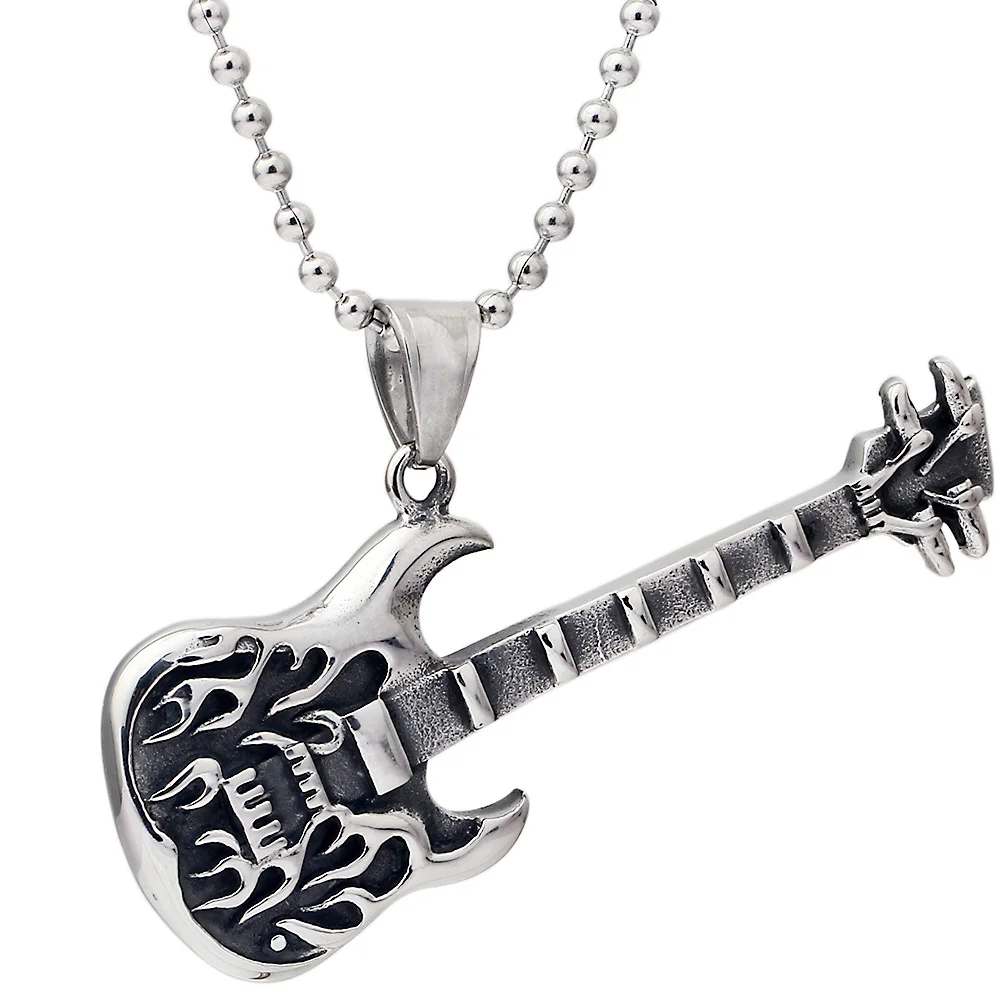 Trendy Guitar Necklace Pendant Free 24inch Chain Stainless Steel Punk