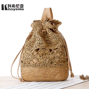 

Kissyenia INS HOT Handmade Rattan Backpacks Women Summer Beach Bali Backpacks Bohemia Straw Backpacks Drawstring Knitted KS1163