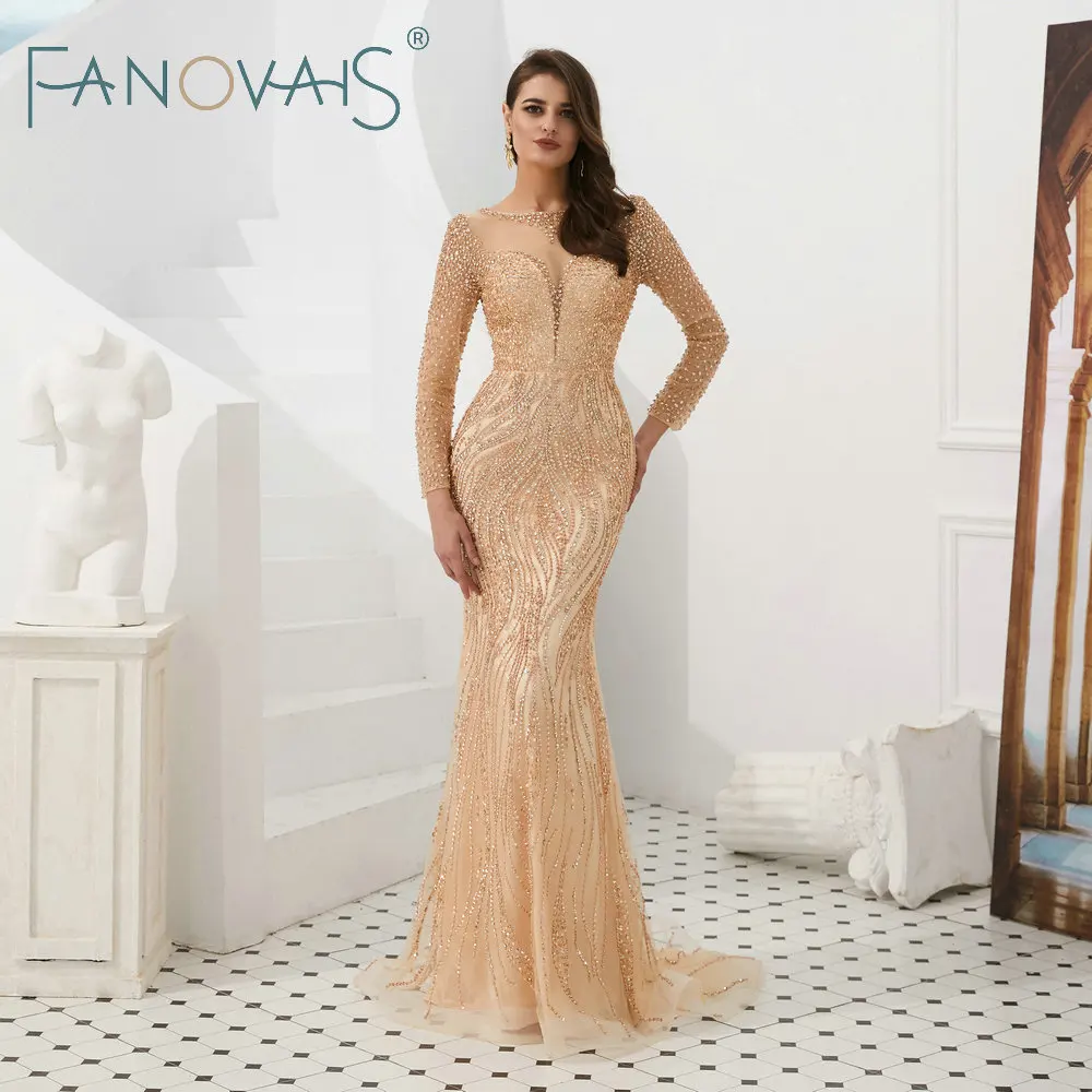 Gold Evening Dresses Long Sleeves Full Beads Evening Gowns Luxury Prom Dress Special Occasion