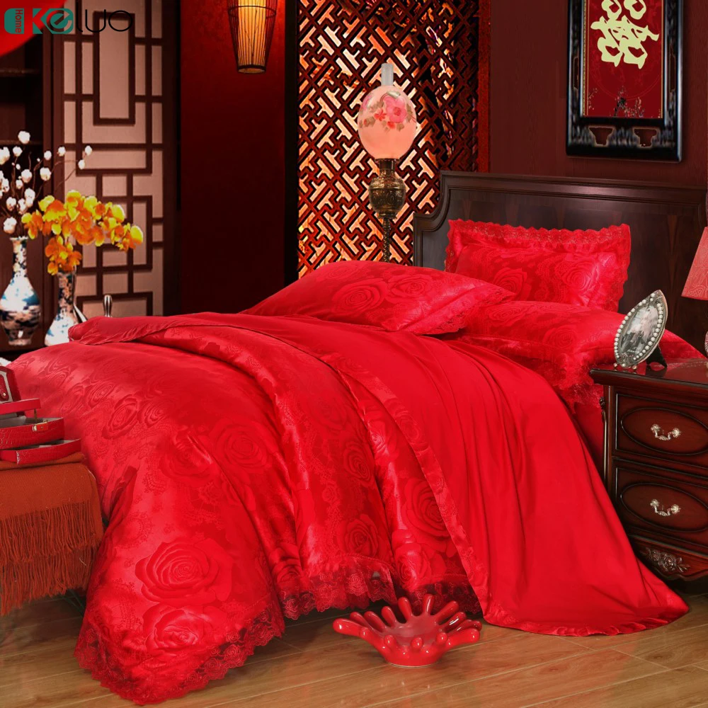 

KELUO Wedding red Luxury Bedding Set Coffee Jacquard luxury Queen/king size Stain Bed set 4pcs Cotton Silk lace Duvet cover
