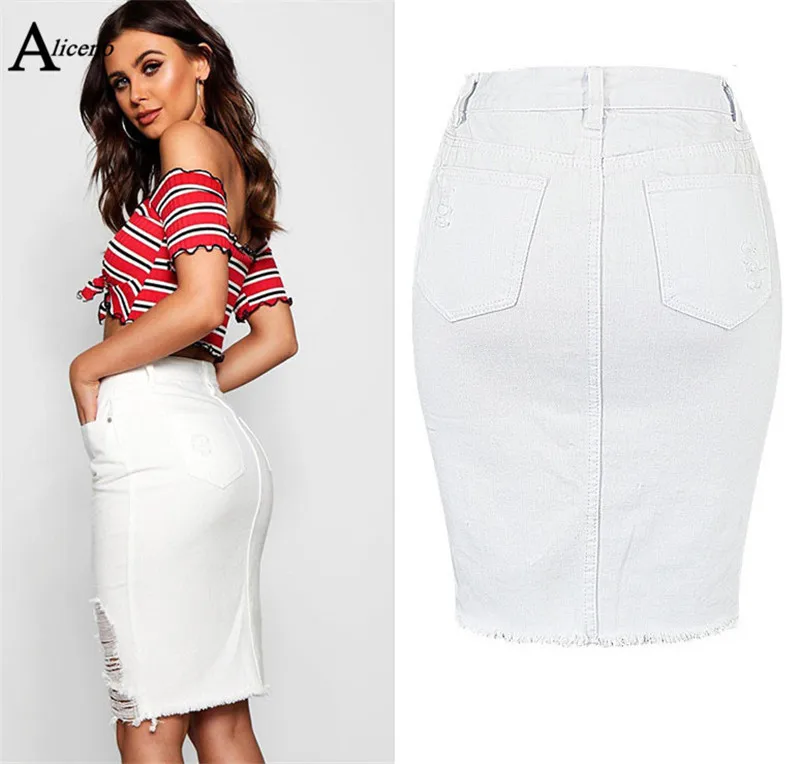 

ALICENO Sexy Womens Casual Hole Cotton Knee-length Washed White Denim Skirt High Waist Split Denim Pencil Skirts W19032905