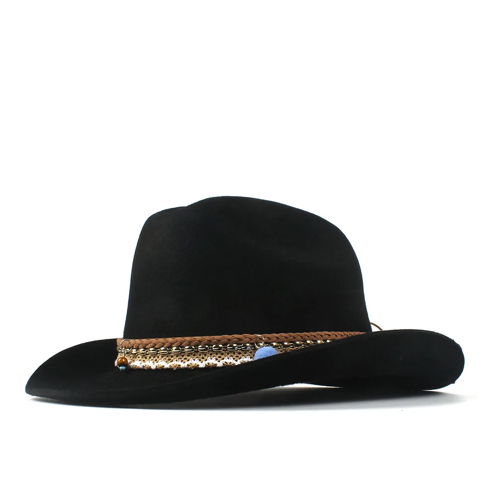 Fashion Women Men Wool Tassel Western Cowboy Hat Lady Black Fedora