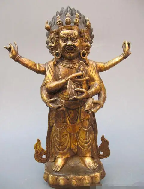 

16"Tibet Buddhist Fane 3 head 6 Arm Mahakala Buddha Old Bronze Mahakala Statue