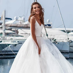 Eightree Chic V-neck Wedding Dresses Graceful Crystal Belt Sleeveless A-Line Customized Plus Size White Bridal Wedding Gowns Eightree Chic V-neck Wedding Dresses Graceful Crystal Belt Sleeveless A-Line Customized Plus Size White Bridal Wedding Gowns