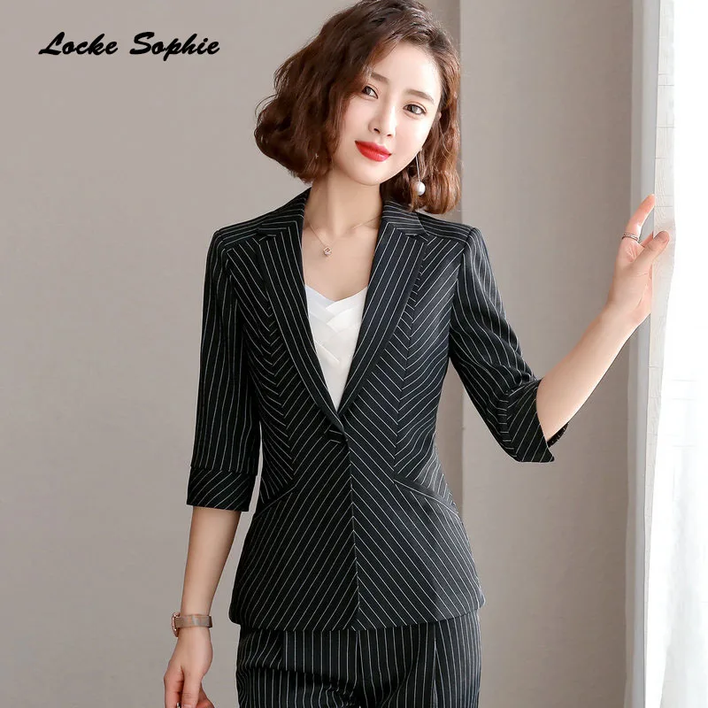 1pcs Women's Plus size Blazers coats 2019 Summer cotton Splicing stripe Small Suits jackets ladies Skinny Blazers Suits coats