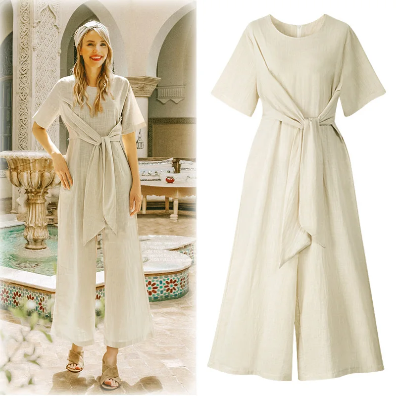 

L-4XL 2019 Summer Women Jumpsuits Plus size Casual Tie up Rompers Large Size Lady Office Fashion Wide Leg Overalls OL Jumpsuits