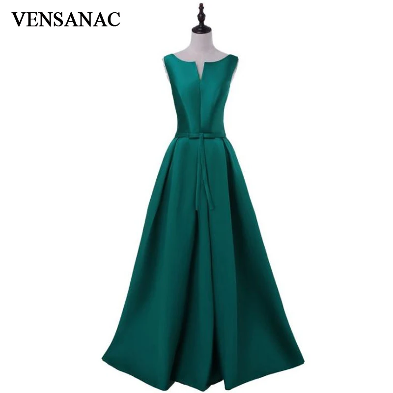 VENSANAC 2018 V Neck Bow Sash A Line Long Satin Evening Dresses Elegant Party Tank Lace Up Back Draped Prom Gowns