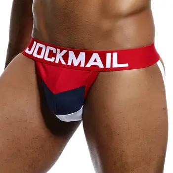 

JOCKMAIL Brand Sexy Men's Jockstraps Gay Jocks Cotton Low Rise Thongs Gay Underwear Double pipe G Strings Brief Bikini Backless