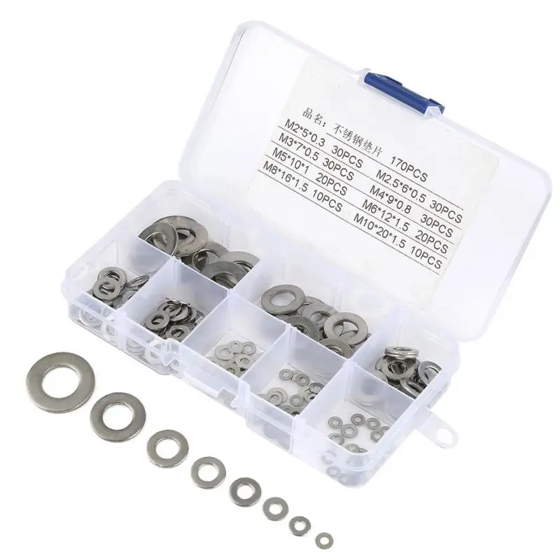 170Pcs/Set Washer Kit Flat Washers with Box Assortment Set M2/M2.5/M3