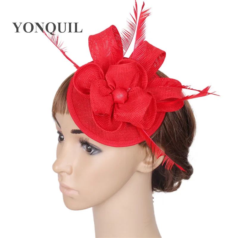 

Imitation Sinamay Fabric Fascinator Hats With Feather Wedding Headwear Occasion Church Hat Bridal Accessories RETAIL 17 Colors