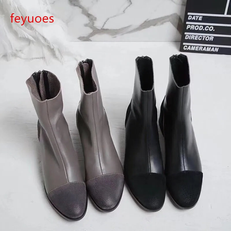 

2018 women's new autumn and winter round head leather boots zipper ankle boots trend color matching motorcycle boots