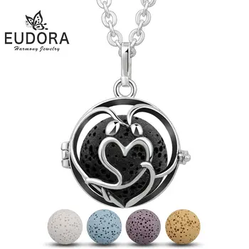 

EUDORA Plated Sliver Love Heart Locket Pendant Necklace fit 20mm Volcanic Lava Stone Ball Sweater Chain For Women Fine Jewelry