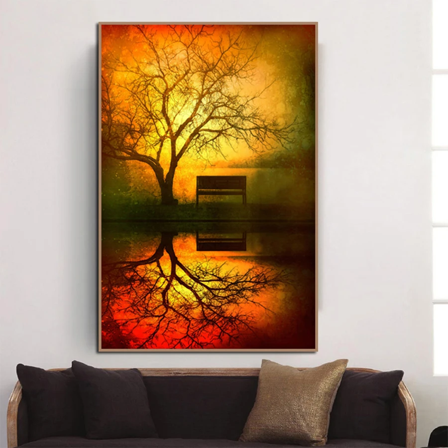 

Beautiful Sunset and Tree Scenery Canvas Painting Modern Landscape Wall Art Pictures Posters and Prints For Home Living Decor
