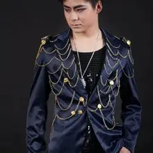 Синий цепь певица пиджаки этап рок пиджак мужской костюм модные костюмы для мужчин пиджак masculino настраиваемые 2XL