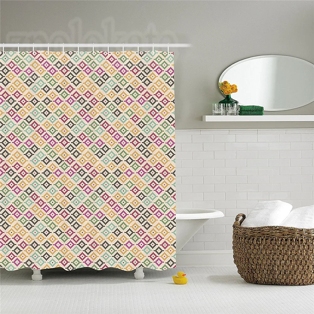 Native American Decor Shower Curtain Set Ethic Retro Pixelated Design