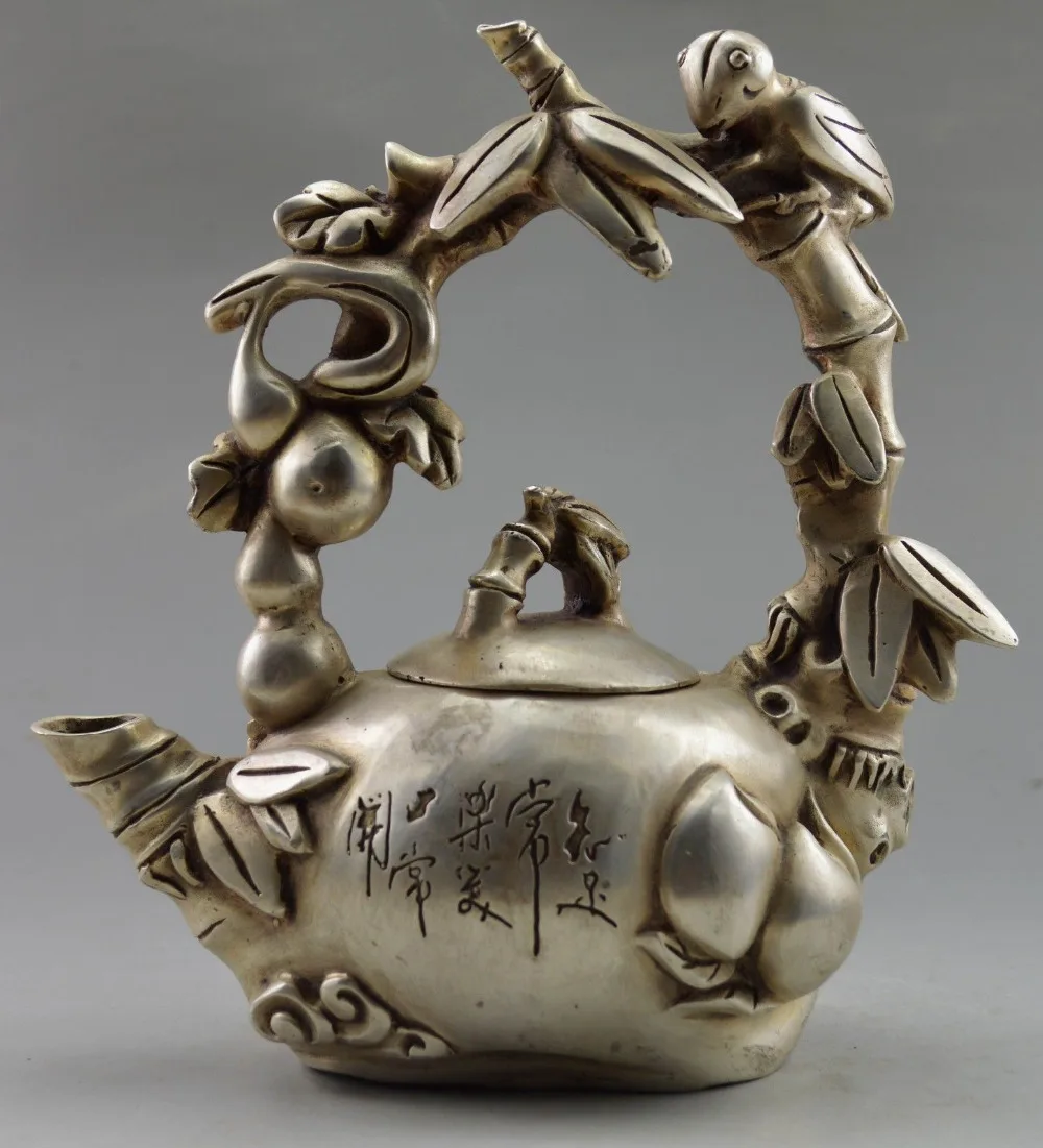 

Asia Collectible Decorated Tibet Silver Carved Bird On Grape Tree Big Teapot Statue fast SHIPPING