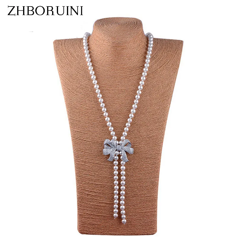 ZHBORUINI 2017 Fashion Long Pearl Necklace High Guality Natural Freshwater Pearl Bowknot Women Necklace Jewelry For Women Gift