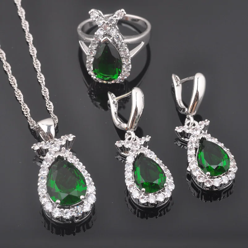 

FAHOYO Elegant Green Zircon White CZ Women's 925 Sterling Silver Jewelry Sets Earrings/Pendant/Necklace/Rings QZ0455