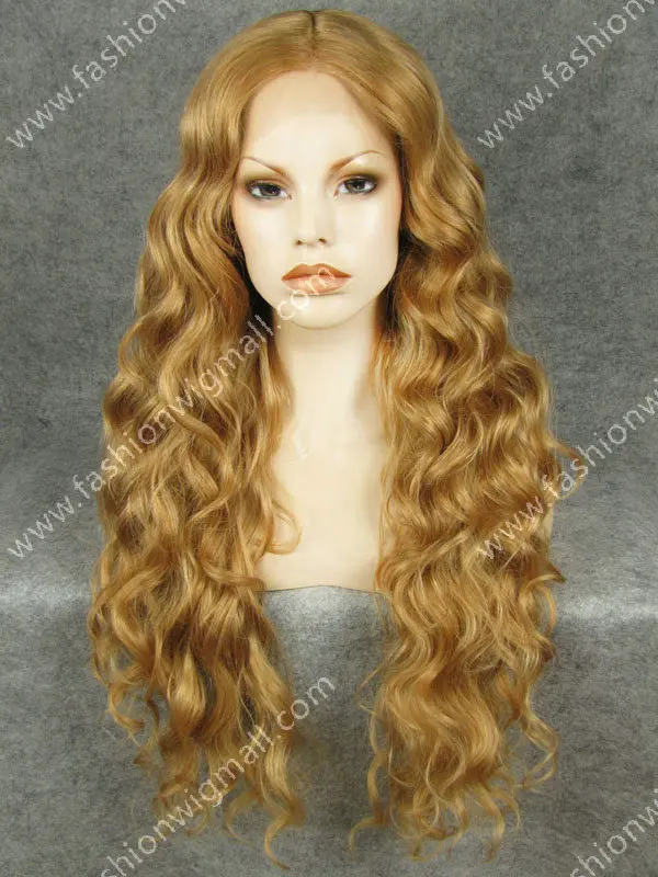 

W26 24" #27R Gold Blonde Water Wave Heat Friendly Fiber Front Lace Wig Similar Silk Top Design