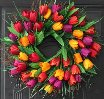 

1PC 45CM Artificial Flowers Tulip Wreath Festival Door Knocker Decoration Garland Wedding Background Accessories Wall Hanging