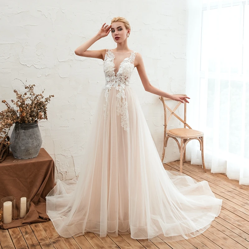 

Elegant Floor Length Appliques Wedding Dresses White Ivory Illusion Scoop Neck Backless Lace Up Bridal Gowns vestidos de novia