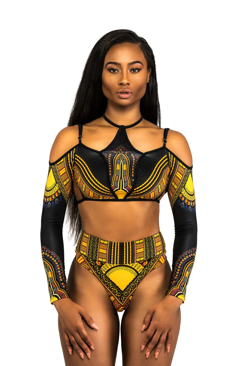 

Sexy Womens Swimsuits 2018 New Long Sleeve Print High Waist Padded Push-up Bikini Set Beach Bathing Suit Swimwear Beachwear