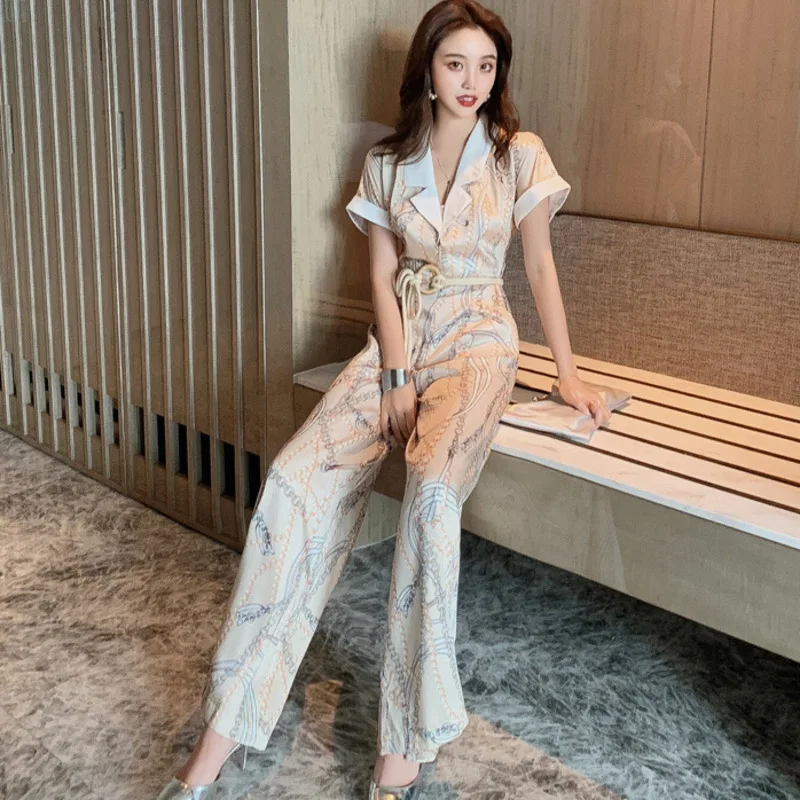

[EWQ] 2019 Autumn New Sweet Style Short-sleeved Printed High-quality Fashion Trend With Straight High Waist Women Jumpsuit QK467