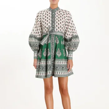 

2019 Lantern Sleeve Fashion Print Full Bow Mini Dress Sexy Women Button Mandarin Collar Night Club Body con PartyDress Wholesale