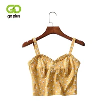 GOPLUS Women Sexy Floral Polka Dot Print Crop Tops Sweet Strap Camis Sleeveless Backless Ruffle Slim Female Short Tops C7579 dot print ruffle crop top