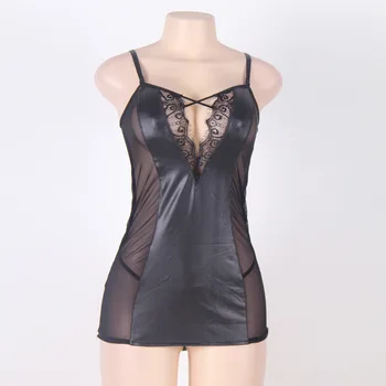 

Women 2 Pieces Mesh Stitching Faux Leather Sexy Nightwear Erotic Teddy Dress Black Sling Nightdress Plus Size