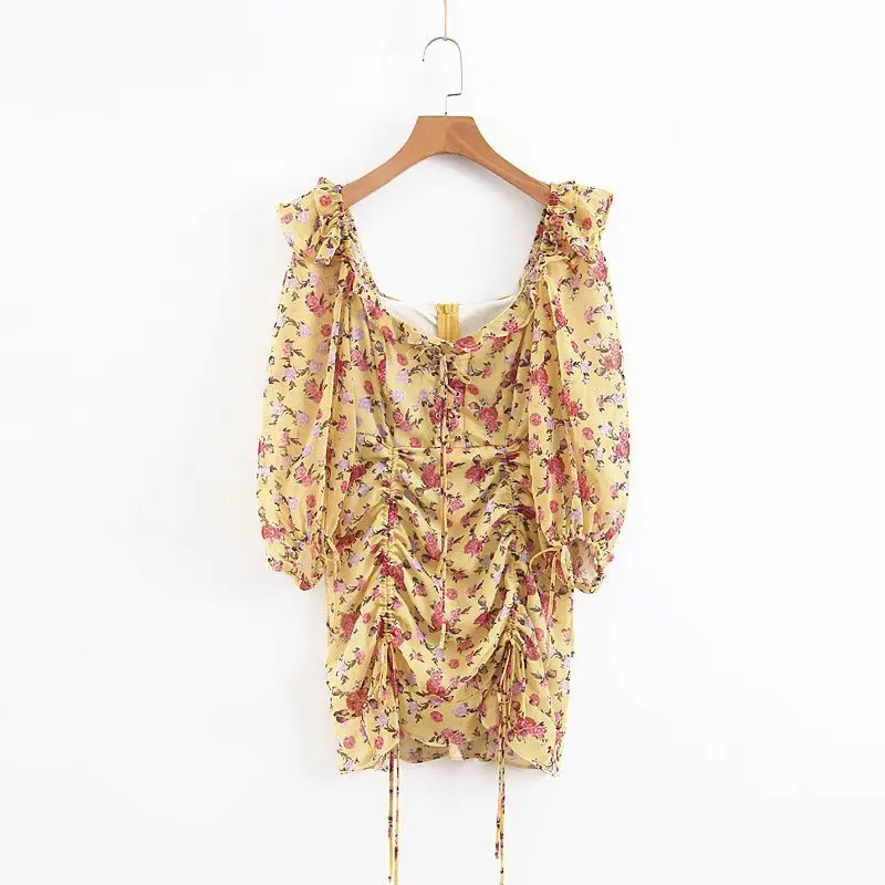 

LJPZ75-9001 Euro-American Fashion Wind Drawstring Lotus Leaf Edge Yellow Flower Dress