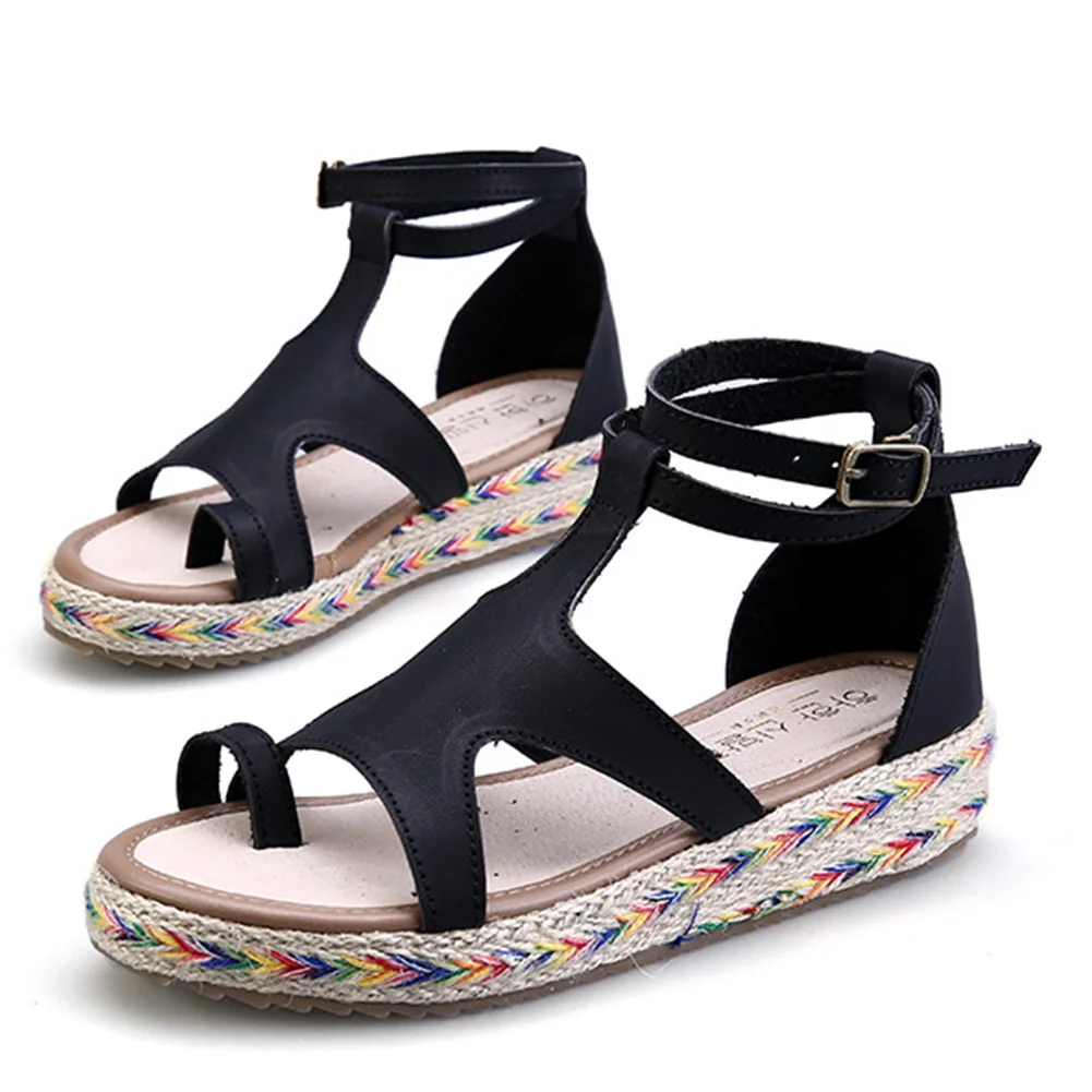 

Hot sale Women Sandals Fashion Straw Shoes Woman Summer Wedges Sandals Ankle Strap Casual Ladies Flat Sandals high quality