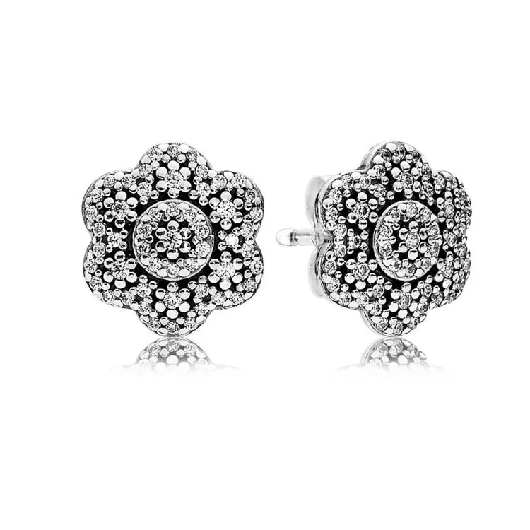 

Genuine 925 Sterling Silver Clear Cz Dazzling Daisy Stacked Flower Floral Pandora Stud Earrings Original Jewelry Lady Gift