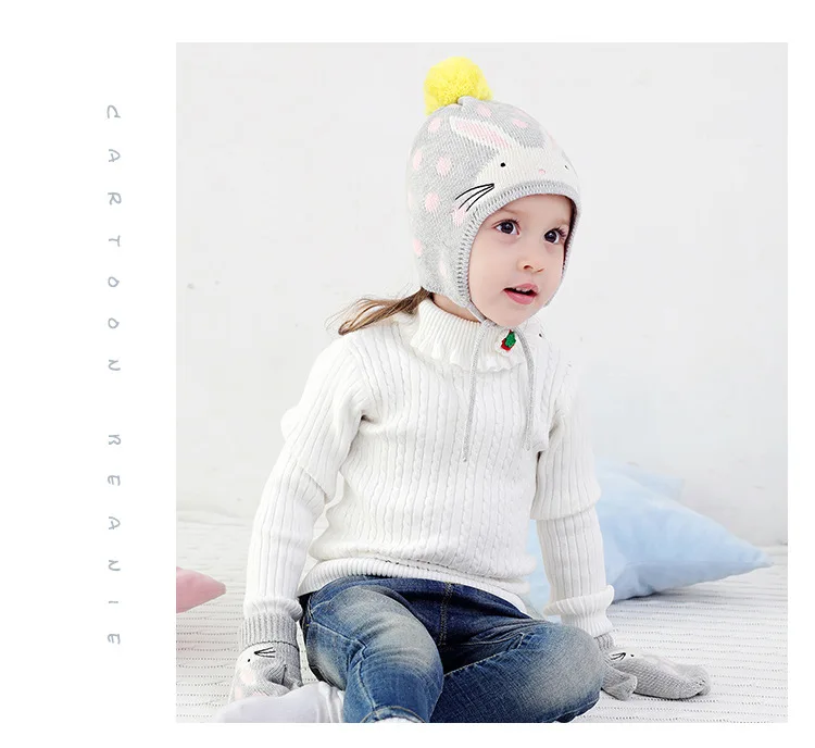 Зимняя детская шапка, шарф, варежки, модные вязаные шапки с кроликом для маленьких детей, шарфы, теплые перчатки для мальчиков и девочек