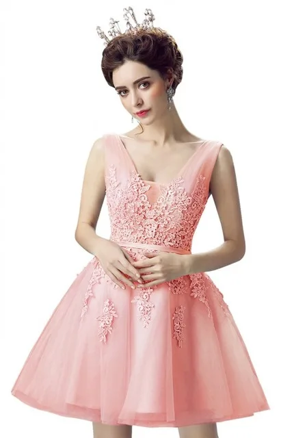 Вечернее платье элегантное короткое серебряное кружевное вечернее платье сексуальное платье с аппликацией и v-образным вырезом без рукавов robe de soiree - Цвет: Pearl Pink