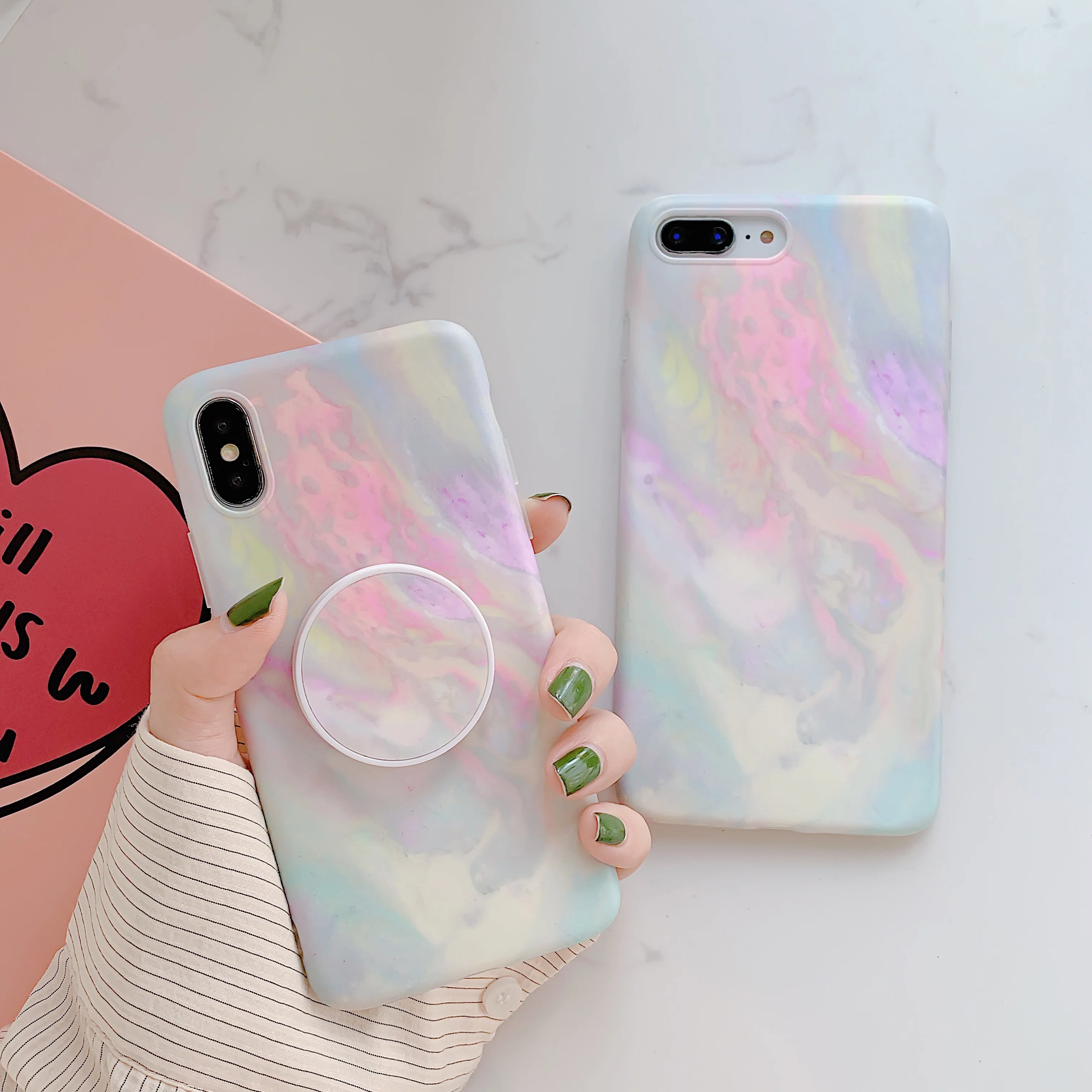 

Cute Colorful Rainbow Kickstand Stand Holder Matte Marble Phone Case for iPhone 11 Pro XS Max XR X 6 6s 7 8 Plus Back Cover Capa