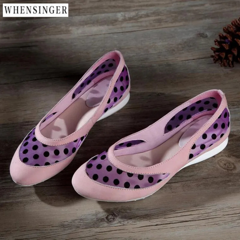 

Whensinger - Women Flat Shoes Vintage Elegant loafers Genuine Leather Casual Net yarn Breathable Wave point Flats Shoe